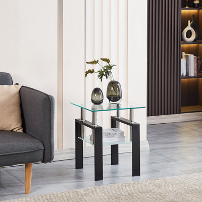 Table d'appoint en verre trempé transparent à 2 couches avec rangement - pour le salon, la salle à manger, le bureau et le bureau de bout compact pour les petits espaces