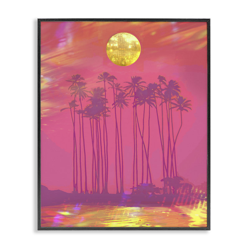 Giclée encadrée Disco Over Tropical Palms, design par Lil 'Rue, Giclée encadrée noir minuit, H 14 po x l 11 po