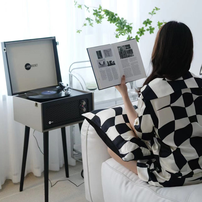 Gray Retro Turntable with Built-in Speakers and Removable Legs