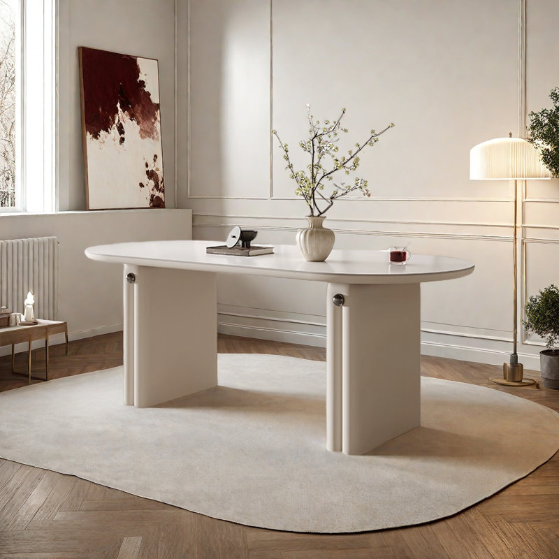 Table de salle à manger en pierre avec base en bois au fini crème, H 29,5 po x L 78,7 po x l 31,4 po