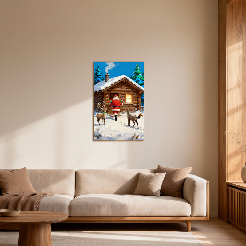 Noël père Noël marchant avec un renne près d'une cabane, H 40 po x l 28 po