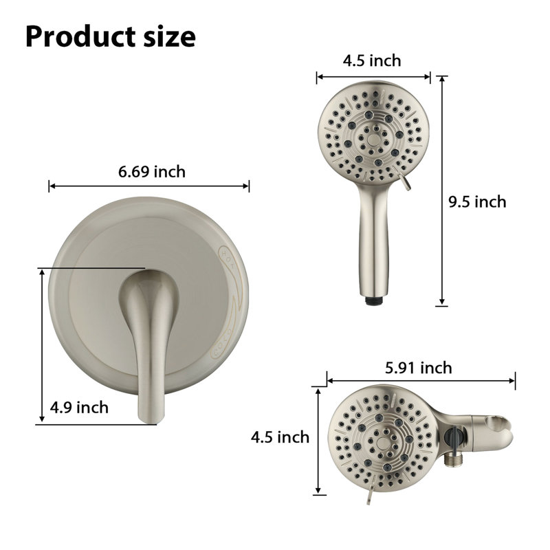 Pomme de douche murale en laiton avec douchette - 6 modes de jet, corrosion et égratignure, nickel brossé, modes de pluie à débit réglable et égratignures quotidiennes