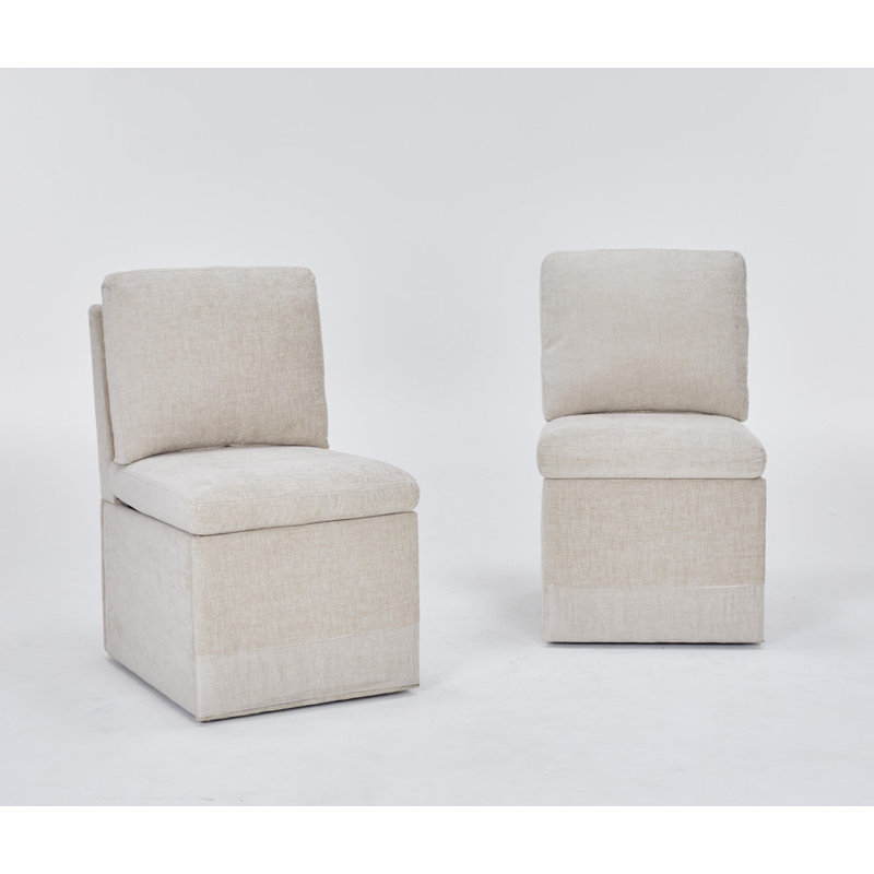 Chaise de salle à manger rembourrée en lin avec roulettes et espace de rangement - ensemble de 2, Beige