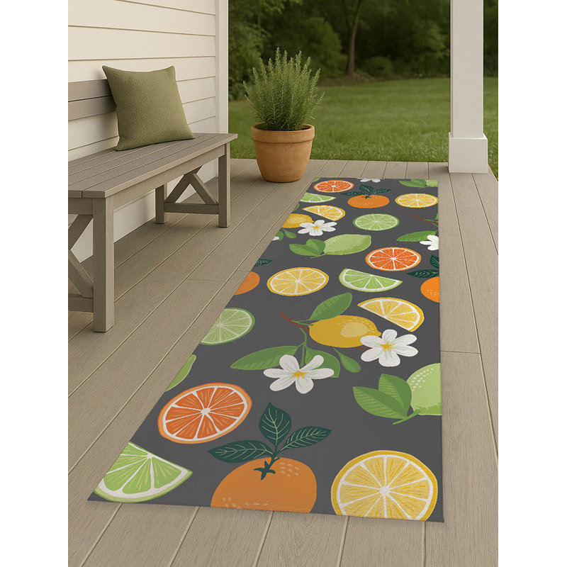 Tapis d'extérieur Sunny Citrus, Charcoal, Tapis de couloir 8 pi x 2 pi 6 po