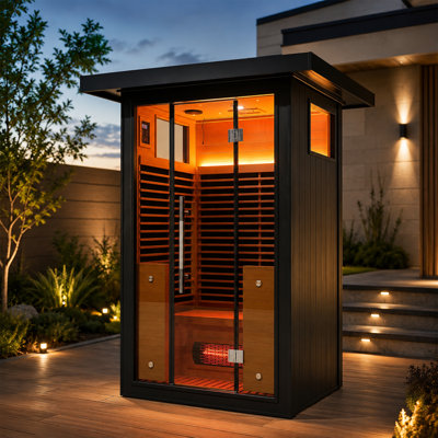 Duthss Outdoor Infrared Sauna 2 Person, 2150W 220V Far Infrared Sauna Room with 7 Carbon Panels & 3 Red Light Tubes, Hemlock Wood Outdoor Sauna with W