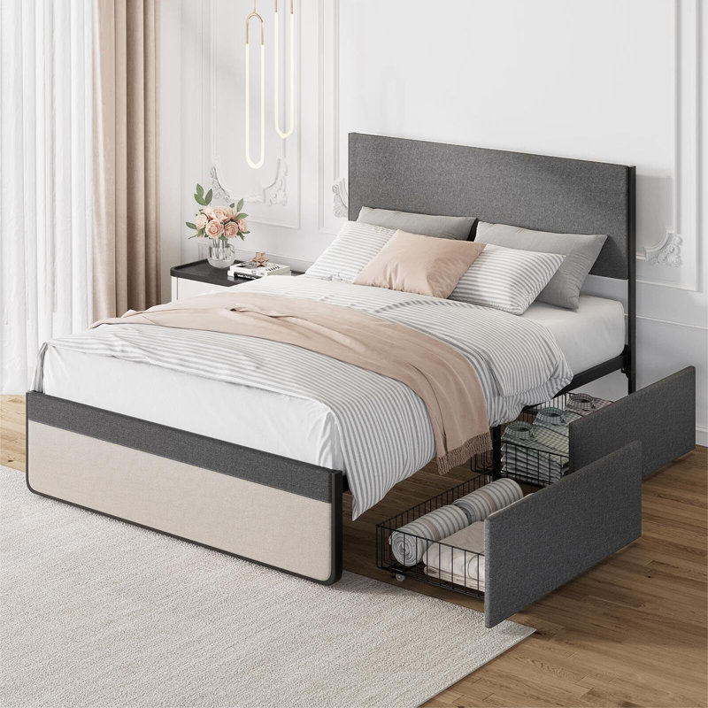 Bed Frame With 2 Storage Drawers And Upholstered Headboard, Queen