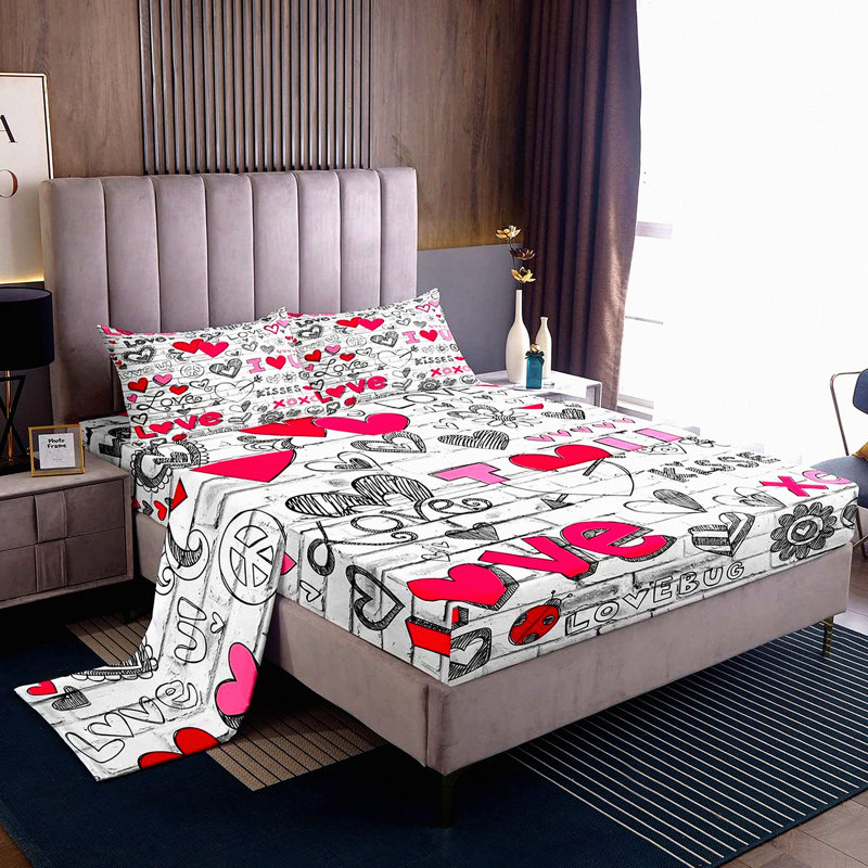 Romantic Hearts Bedding Set - Love Theme 4pcs Sheet Set with Deep Pocket Fitted Sheet, Flat Sheet, 2 Pillowcases - Couples Room Decor