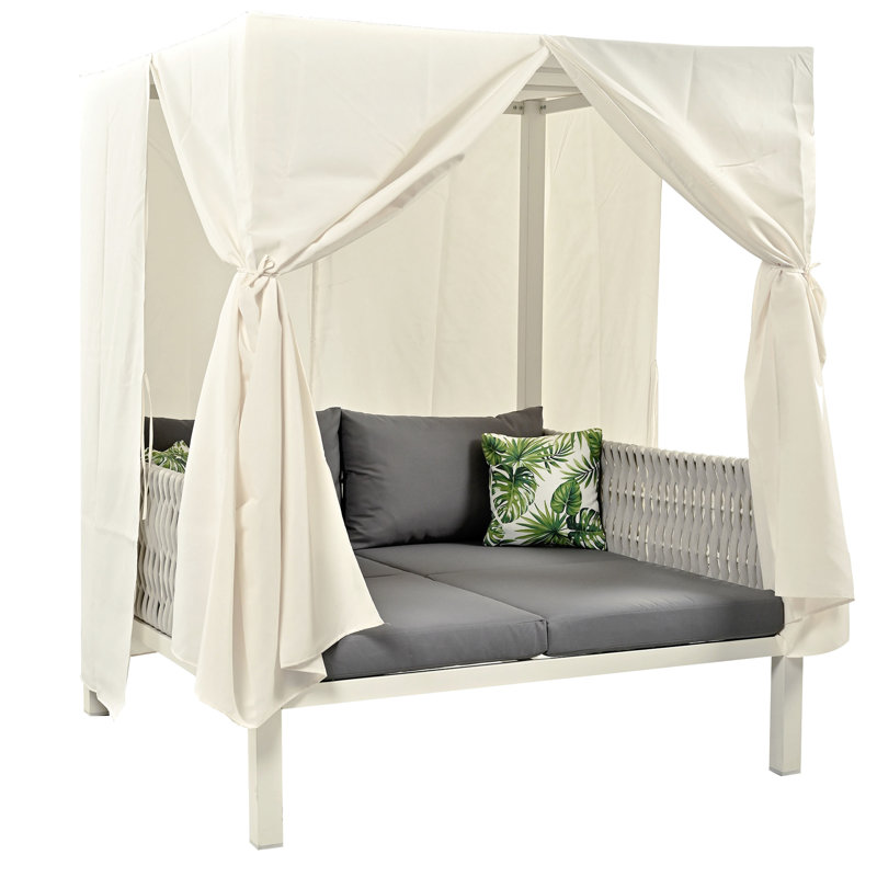 Outdoor Sunbed With Canopy & Cushions - Elegant Design, Rubber Core Rope, 15.7" Seat Height, 3.9" Cushion Thickness, Gray+Beige Patio Upholstery Comfortable Pillows Gray And Beige 70.9" Height 57.5"