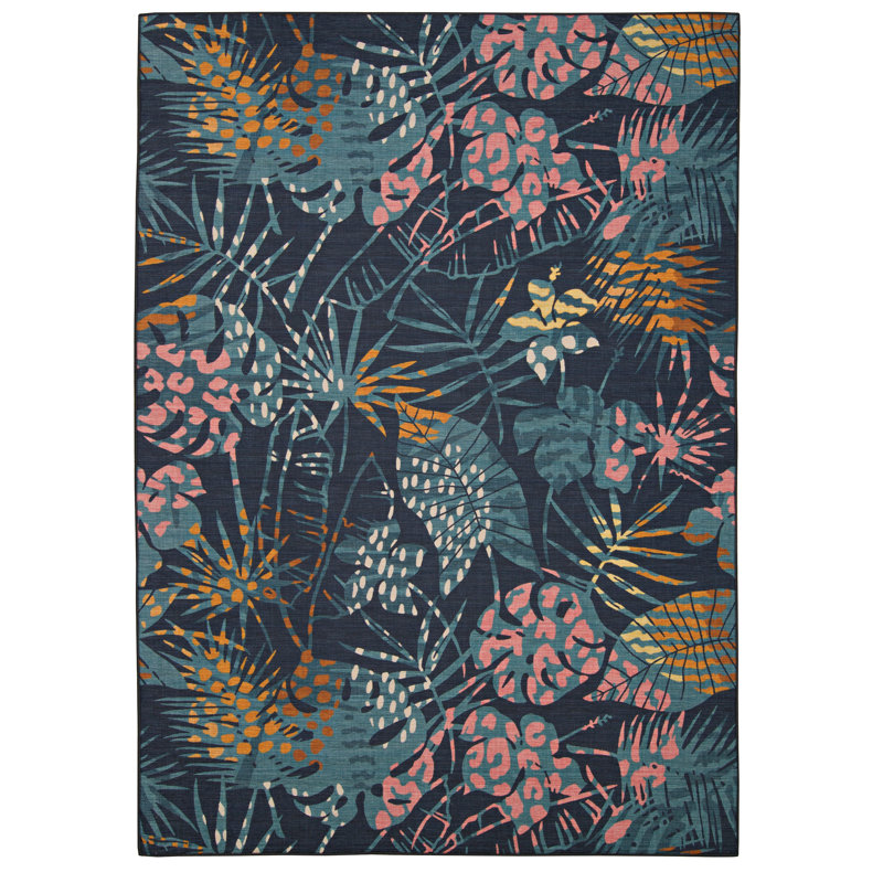 Kivett Navy Floral Indoor Outdoor Machine Washable Area Rug, Rectangle 5' x 7'