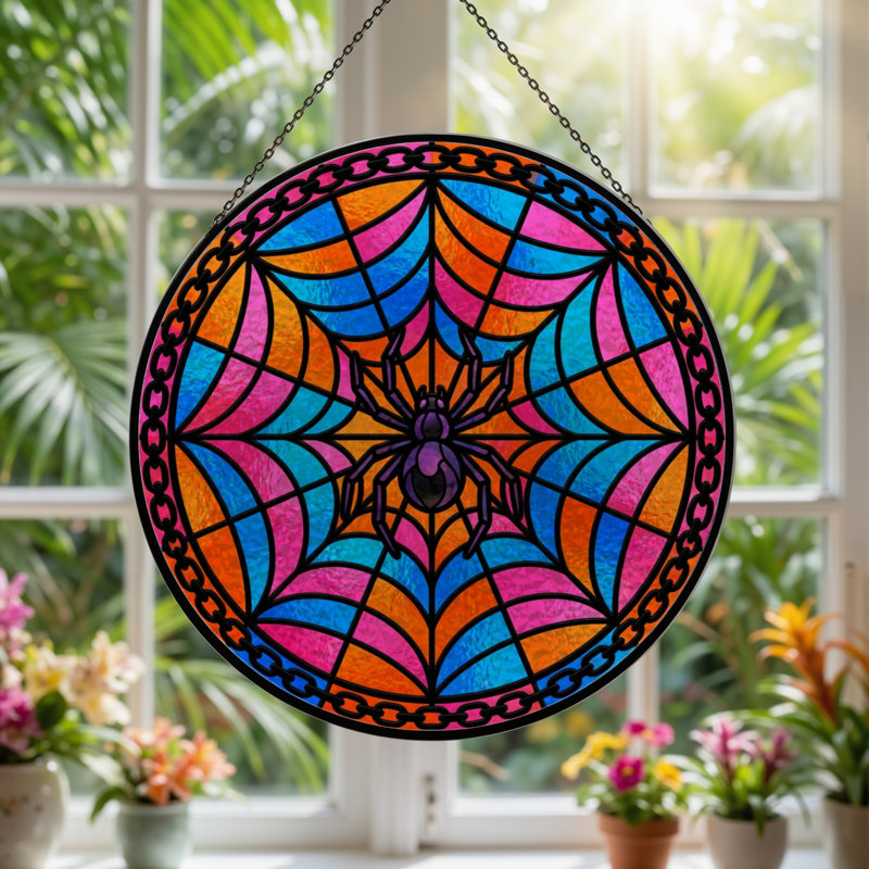 12"H Spider Web Stained Glass Window Panel