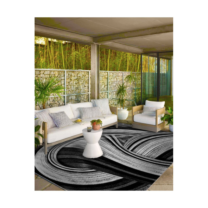 Infinity Black Patterned Woven Base Washable Rug, Rectangle 2'4" x 3'11" Rug Pad Included