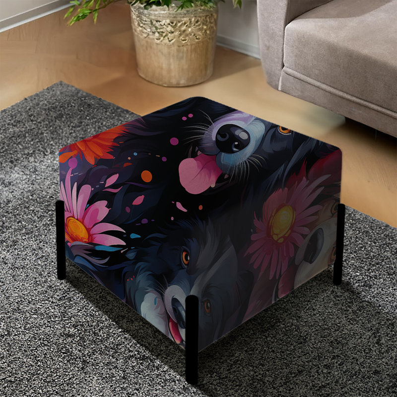 Papier peint Border Collie avec fleurs - repose-pieds carré imprimé animal