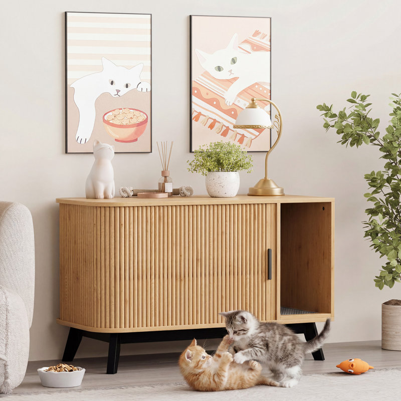 39" Hidden Cat Litter Box Furniture with Sliding Door & Mat, Modern Walnut Side End Table, Indoor Pet House & Enclosure for Living Room, Natural