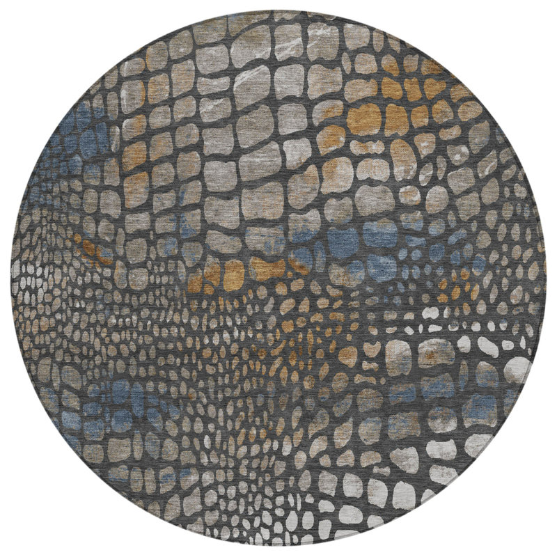 Tapis d'extérieur rond lavable gris anthracite et cuivre 8 pi