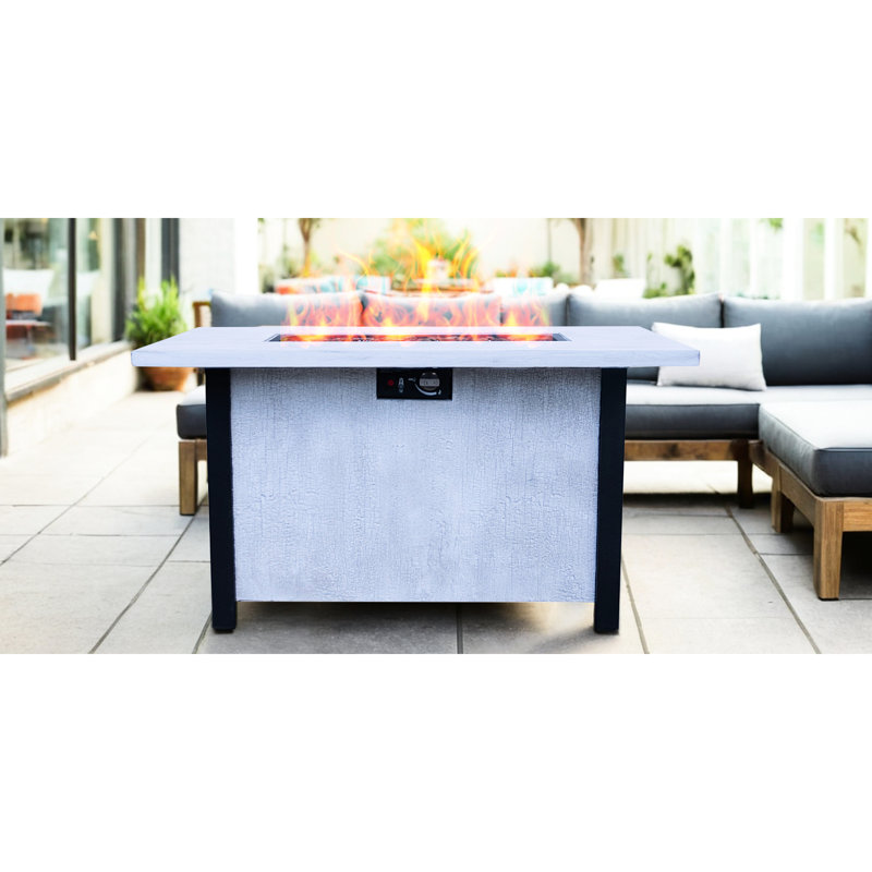 43.7-Inch Square Outdoor Fire Pit, 50000Btu, Fiberglass & Iron, Heat , Rust Proof, Charcoal Grain Finish, White, Suitable For Recreation, 50,000 Heater Table, 43.7", Heat-, Rust-, Long-Lasting,