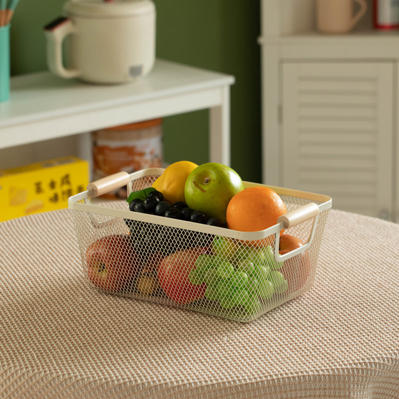  Set Of 3 Large Multipurpose Metal Mesh Basket With Wooden Handle Storage Organizers For Kitchen Bathroom Cabinet Closet Countertop Fruit Holder Picnic Food & Beverages Carrier & Home Decor