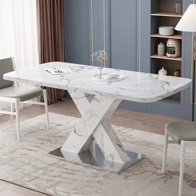 Table de salle à manger moderne carrée, extensible, plateau de table en marbre; pied de table en MDF en X avec base en métal