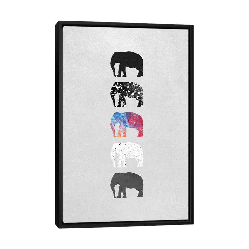 «Five Elephants», impression sur toile, Toile avec cadre noir, Pas de tapis, H 26 po x l 18 po x P 1,5 po