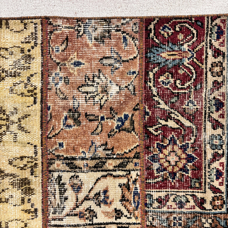 Modern Beige Patchwork Wool Rug, 1.5 x 3.4 Ft Area Rug