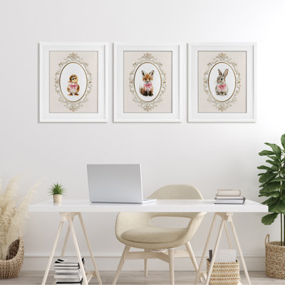 Vintage Animals with Ornate Design 3pc Framed Print Under Glass Set, design by Christine Simpson Art