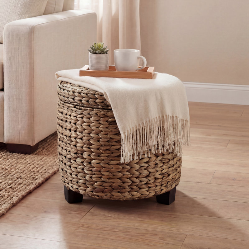 Addie 17.72" Modern Coastal Handwoven Water Hyacinth Storage Ottoman with Lid, Espresso