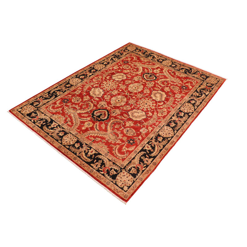 Tapis rouge / noir en laine noué à la main à motif floral 8 pi 1 po x 11 pi 1 po Badia