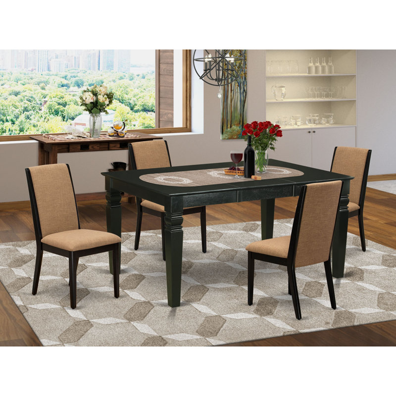 5 Piece Dining Set Includes a Rectangle Dining Room Table with Butterfly Leaf and 4 Light Sable Linen Fabric Upholstered Chairs, Black