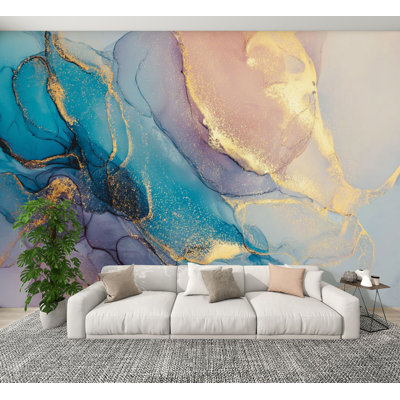 Peel and Stick Wallpaper Luxury abstract fluid art painting alcohol ink technique mixture blue Wall Murals 100"H x 144"W Removable PVC Wall Paper Self-Adhesive Wall Paintings Art Decor for Bedroom Living Room