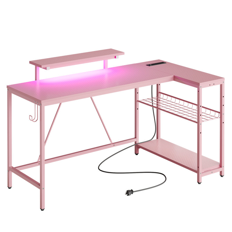 Nedyo 52'' W L-Shaped Computer Desk with Power Outlet, LED Gaming Work Desk with Shelves, Pink, 36" H x 58" W x 31.5" D
