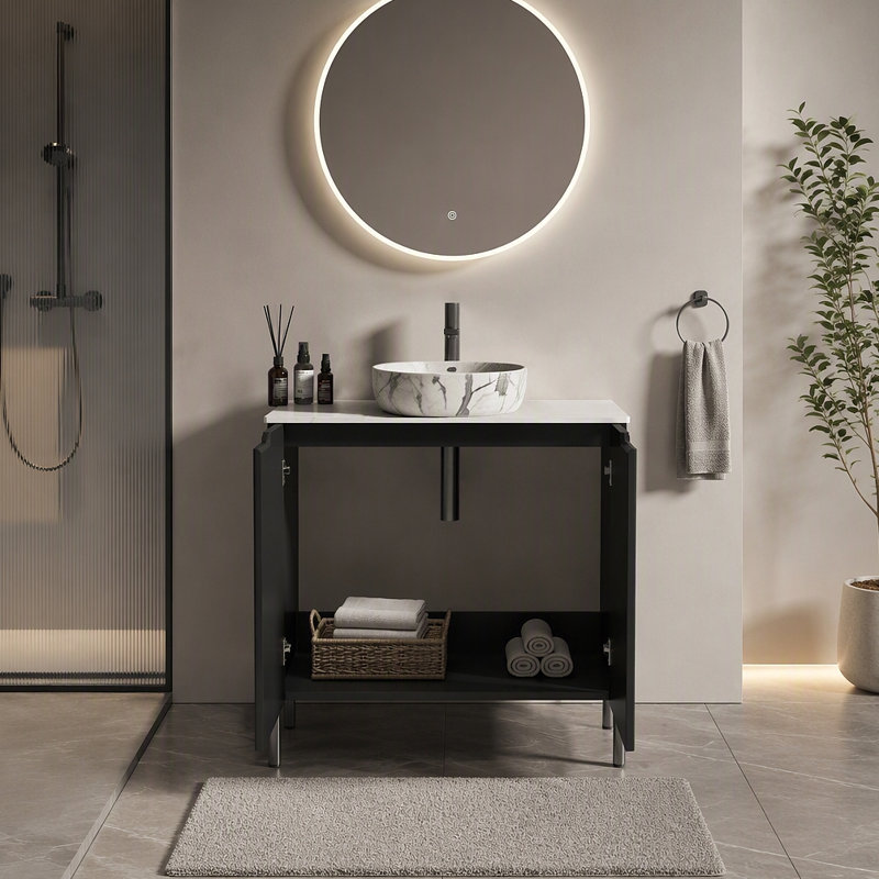 Meuble-lavabo autoportant 30 po avec lavabo, grande vasque de rangement pour salle de bain moderne, lavabo une pièce sans drain et robinet, KD