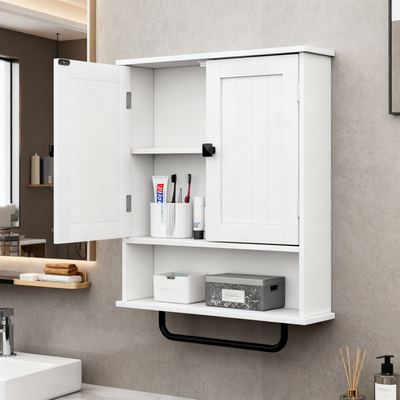 Armoire de salle de bain murale avec barre à serviettes, armoire de rangement au-dessus de la toilette avec 2 portes et tablette réglable pour salle de bain, cuisine, salle de lavage