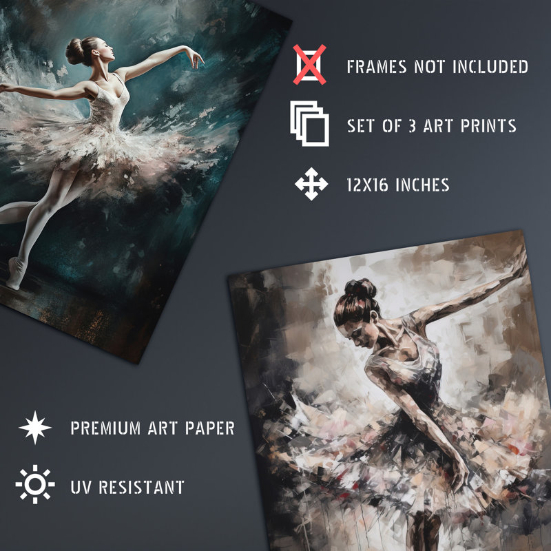 Ballet Dancers Graceful Ballerinas Dancing Poses - 3 Piece No Frame Print Set, 40.5cm H x 30.5cm W x 0.3cm D