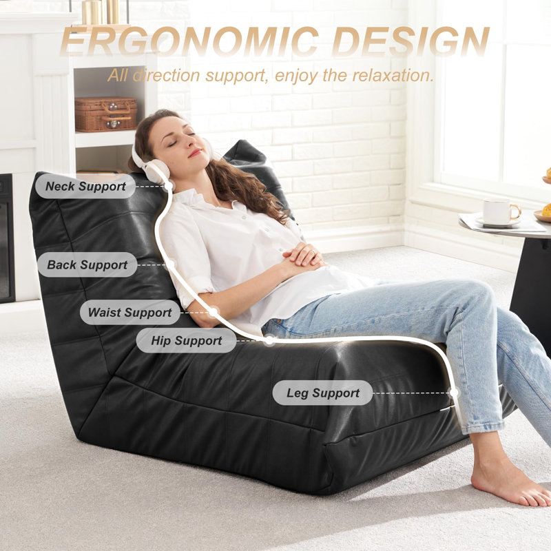 Bean Bag Chair Lazy Floor Sofa, Black Faux Leather