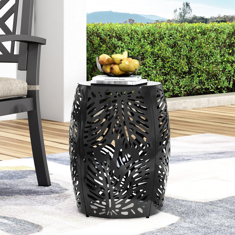 Table en métal de style moderne - Noire, 42 cm (l) x 42 cm (p) x 52 cm (h), aucun assemblage requis. Côté en fer avec motif tropical.