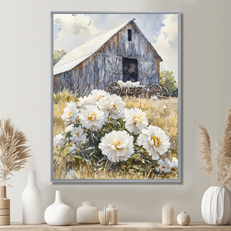 Pe pivoines près de la laiterie, H 32 po x l 16 po, Reproduction avec cadre flottant, Argent argent