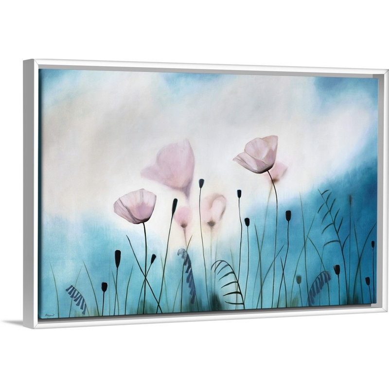 « gossamer prières », peinture sur toile, H 33,7 po x l 49,7 po x p 1,75 po, Cadre flottant blanc