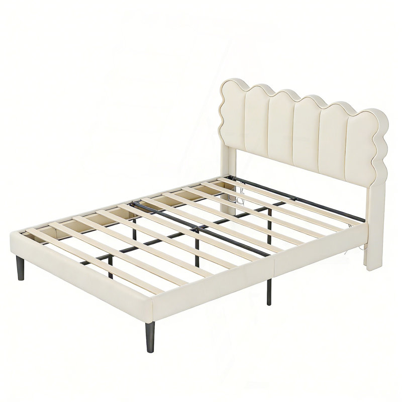 Lit plateforme tapissier avec tête de lit haute, aucun sommier nécessaire, assemblage facile, ivoire