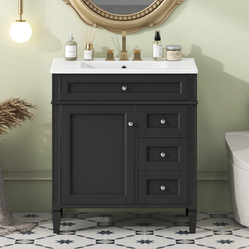 Meuble-lavabo de salle de bain avec lavabo supérieur, 2 tiroirs et un tiroir basculant, Noir