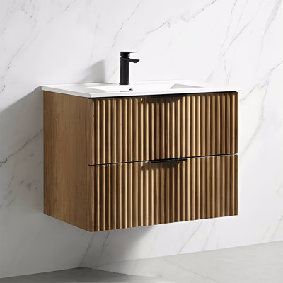 Base de meuble-lavabo mural flottant 30 po, panneau de grille sculpté 3D, grands tiroirs double couche (lavabo non inclus)