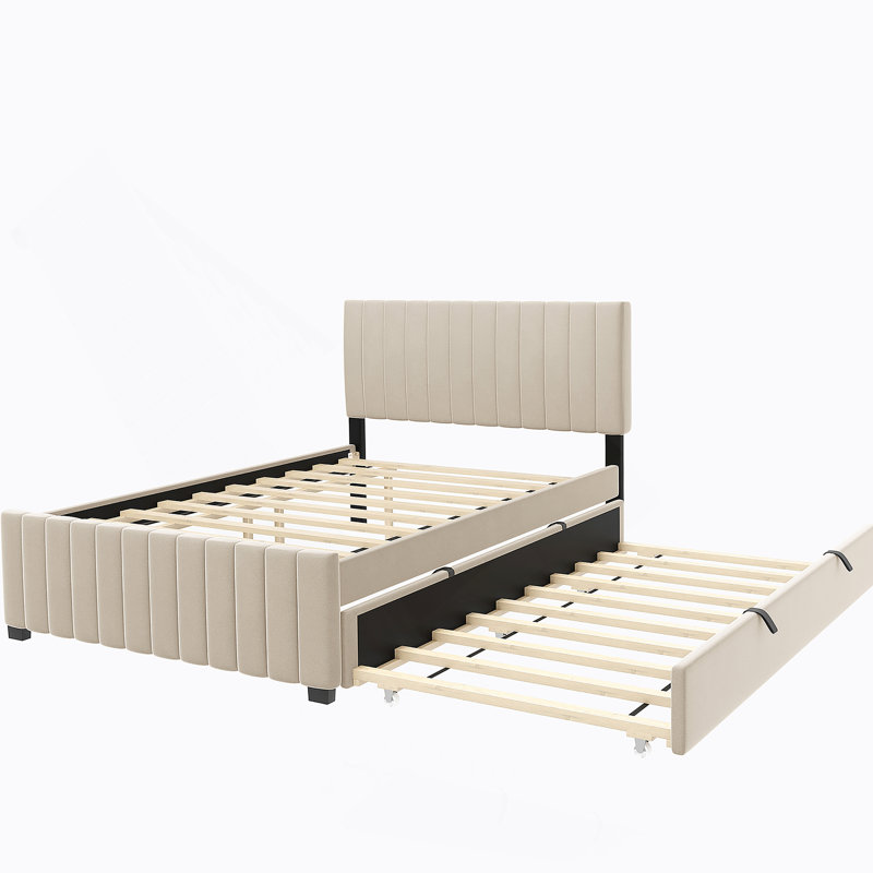 Lit plateforme tapissier double en velours avec lit gigogne simple, beige, Beige