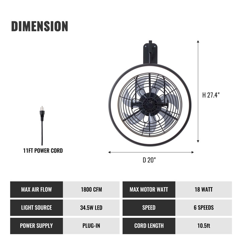 Ventilateur de plafond / mural à profil bas de 20 po avec lumière noire, télécommande intelligente et contrôle d'application, conception en cage