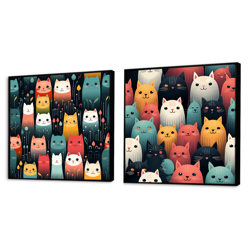Green Curious Cats, papier peint pour enfants, ensemble de 2 collages carrés, Cadre flottant noir, H 16 po x l 33 po