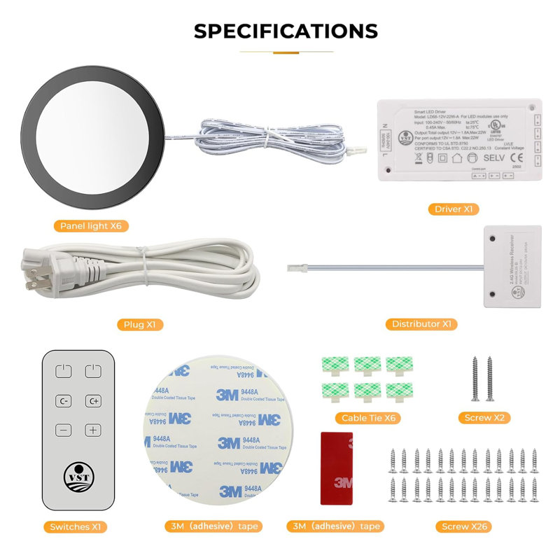 Mini-panneau d'éclairage sous l'armoire VST 3,94 pouces 12V 2,5W (total 15W) avec gradateur sans fil, montage en surface pour fourgon de cuisine 6 pièces (rond 2700K-6500K)
