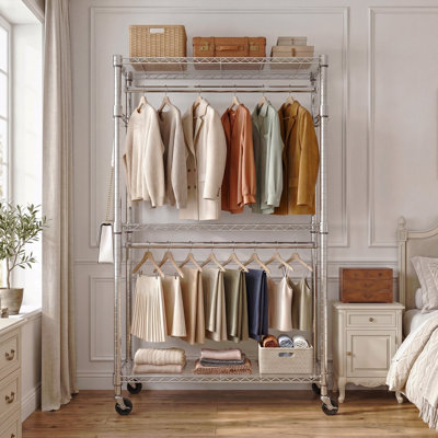 Heavy Duty Rolling Garment Rack 3 Tiers Adjustable Wire Shelving Clothes Rack With 2 Rods And Side Hooks,Storage Closet Clothing Rack With Wheels Chrome 15.7" D X 29.5" W X 74.5" H
