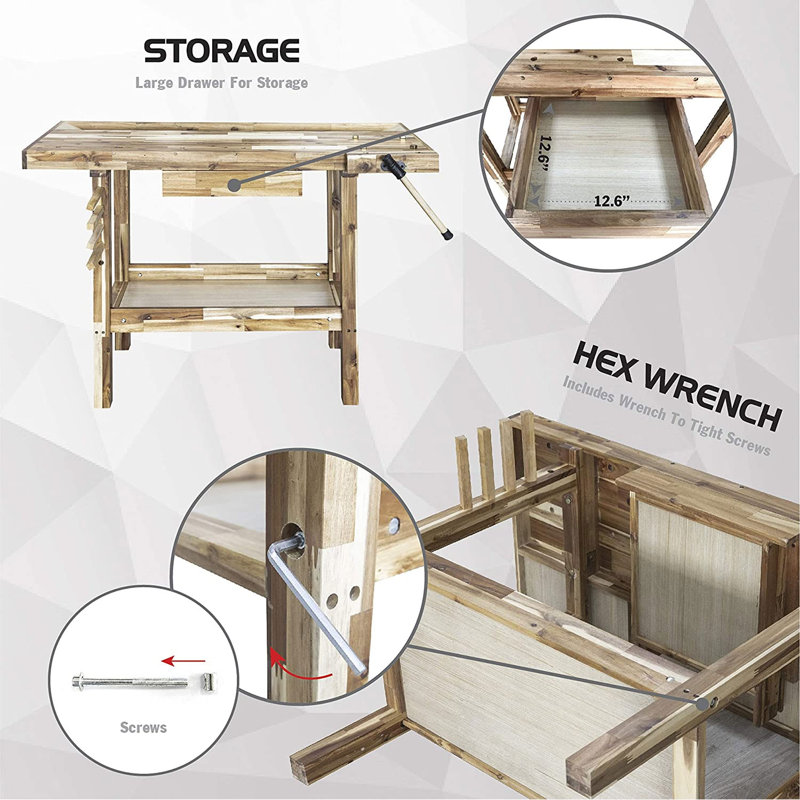 Olympia Tools 48 Inch Acacia Hardwood Woodworking Carpentry Workbench w/ Storage