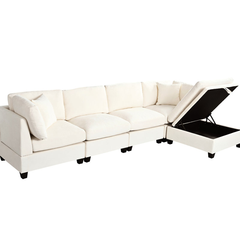 Beige For 5 With Storage Footrest & Hidden Cup Holders, Wooden Frame, Ultra-comfortable, Cushions, Soft Fabric Sectional Removable , , Frame
