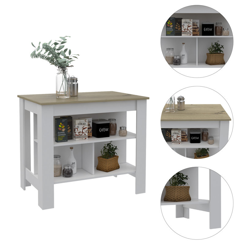 Îlot de cuisine porte antibactérienne, trois tablettes, finition chêne clair, Panneau aggloméré