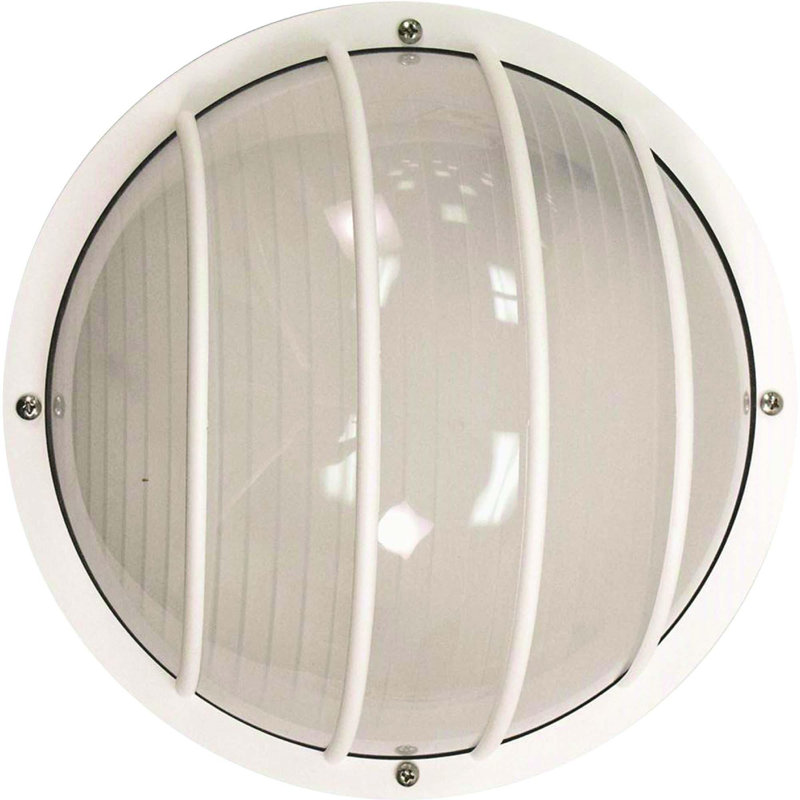 Meinard 1-Light Indoor or Outdoor White Polycarbonate Mini Nautical-Inspired Industrial-Inspired Convertible Caged Flush Mount Ceiling Fixture, Wall Mount, or Wall Sconce with White Polycarbonate Half Semi Sphere Lens