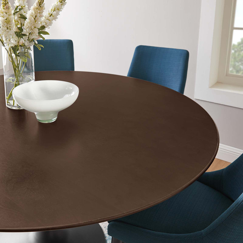 60" Round Cherry Walnut Wood Dining Table with Black Pedestal Base