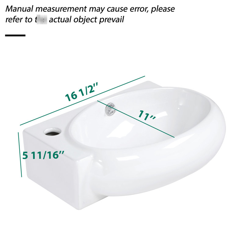 16x11 Inch Stain White Ceramic Wall Mount Bathroom Sink, Single Faucet Hole, Smooth And Low Water Absorption Surface, Acid , Fits Design Decor